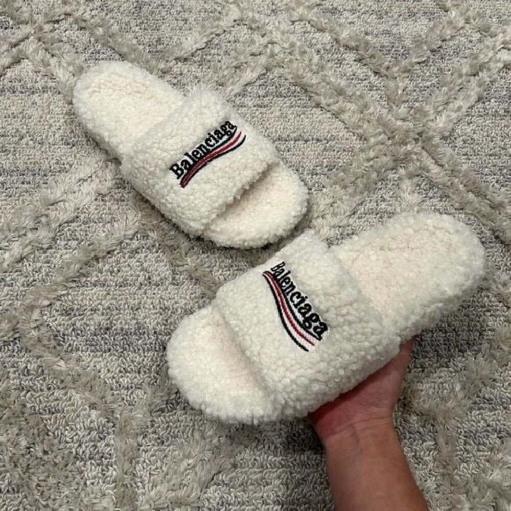 Balenciaga Cream Fleece Slide Slippers with Red & Navy Stripe